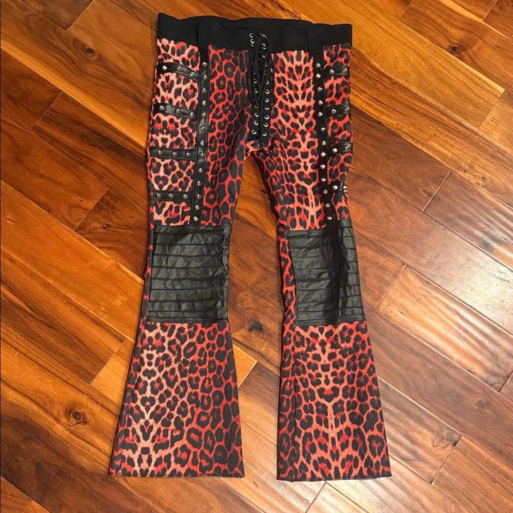 XL/1x Red Leopard Print Flare Pants with Accents Rock and Roll Glam Metal